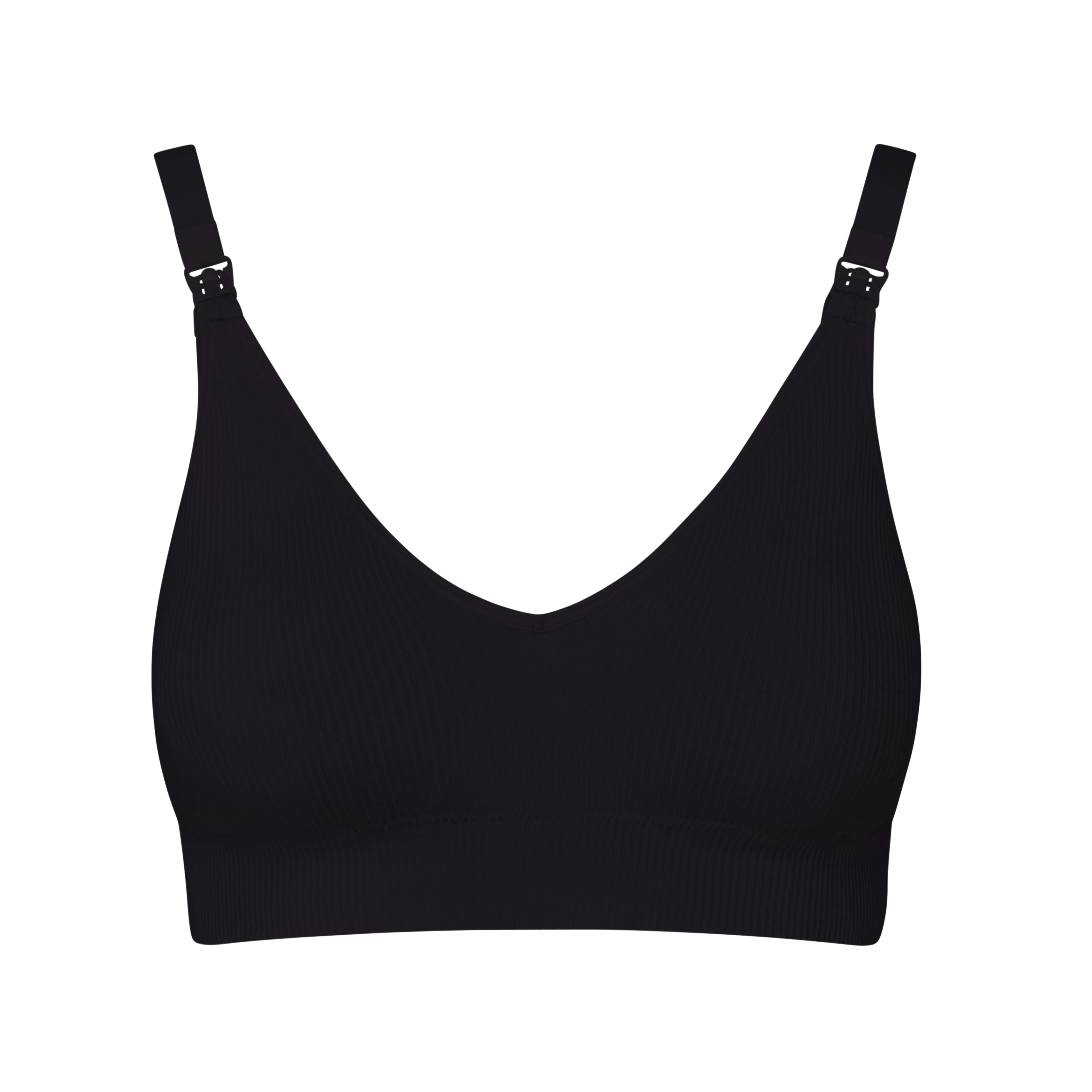 Image of the Six Ada modern ribbed seamless black nursing bra. Suitable for pregnancy and breastfeeding, supportive and comfortable.