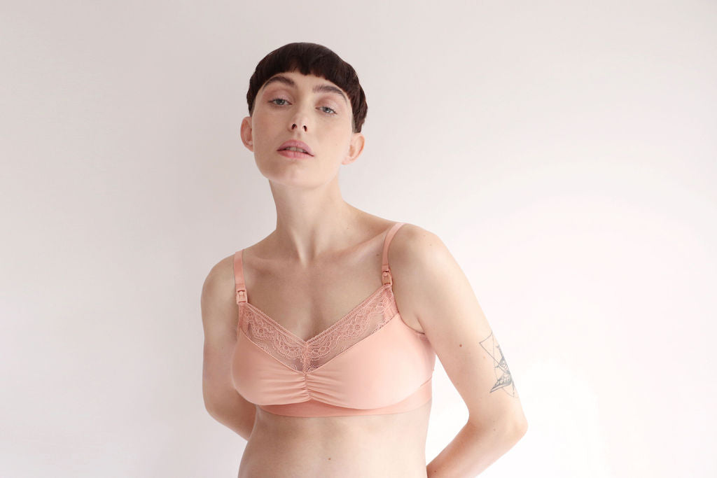 Six Salmon coloured, peach, nude, Rosa Lace and microfibre nursing bra, breastfeeding, pregnancy, comfortable and supportive