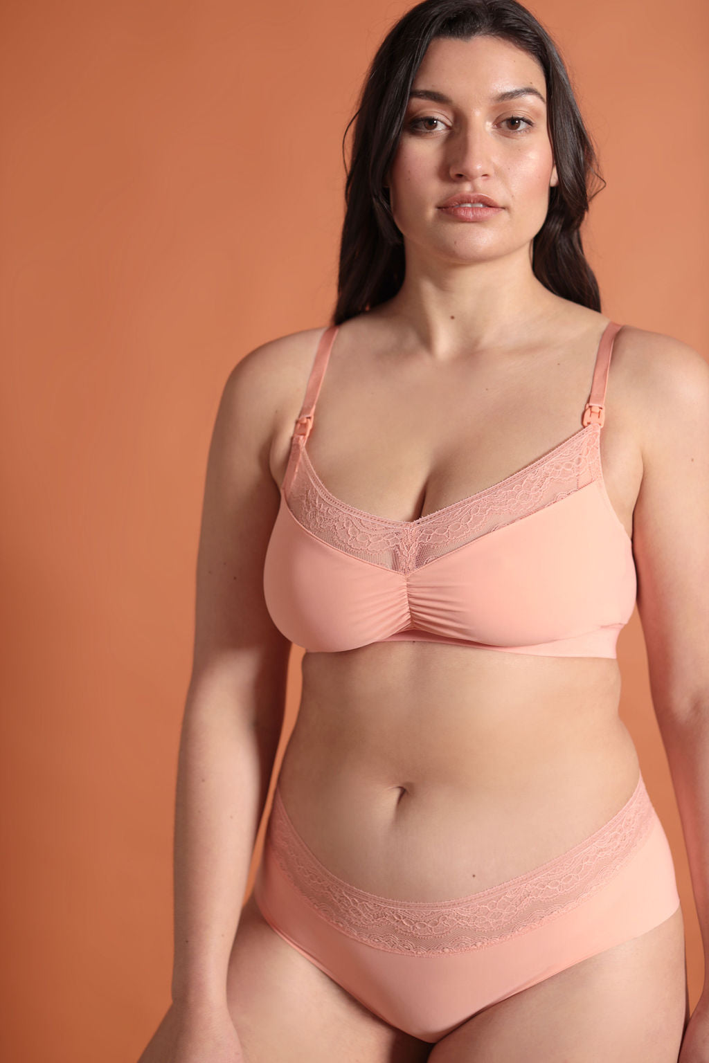Six Salmon coloured, peach, nude, Rosa Lace and microfibre nursing bra, breastfeeding, pregnancy, comfortable and supportive