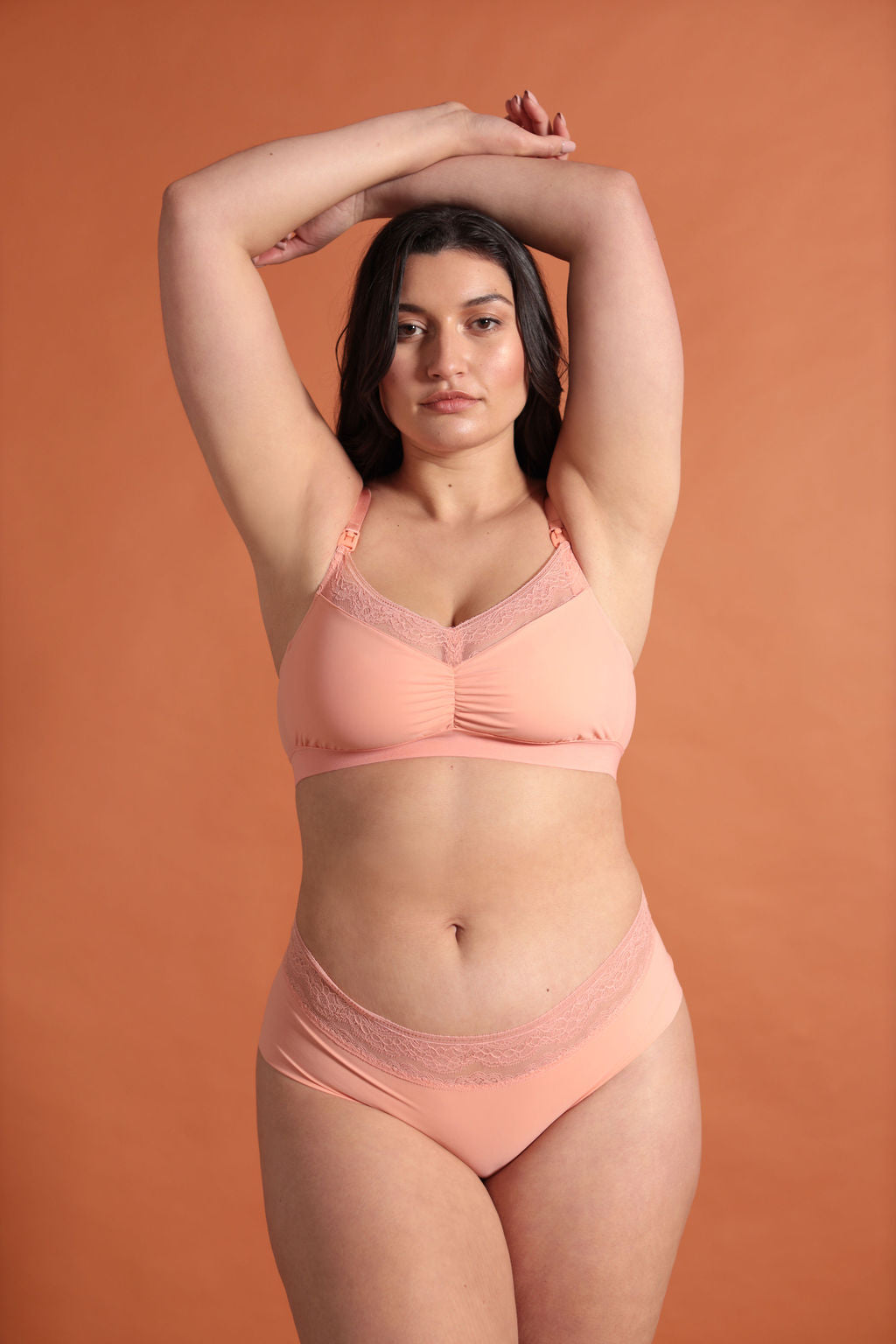 Six Salmon coloured, peach, nude, Rosa Lace and microfibre nursing bra, breastfeeding, pregnancy, comfortable and supportive